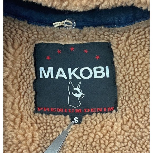 Makobi Mens Small Dark Blue Plaid Zip Denim Jean Sherpa Jacket Distressed M1035 - Picture 7 of 11